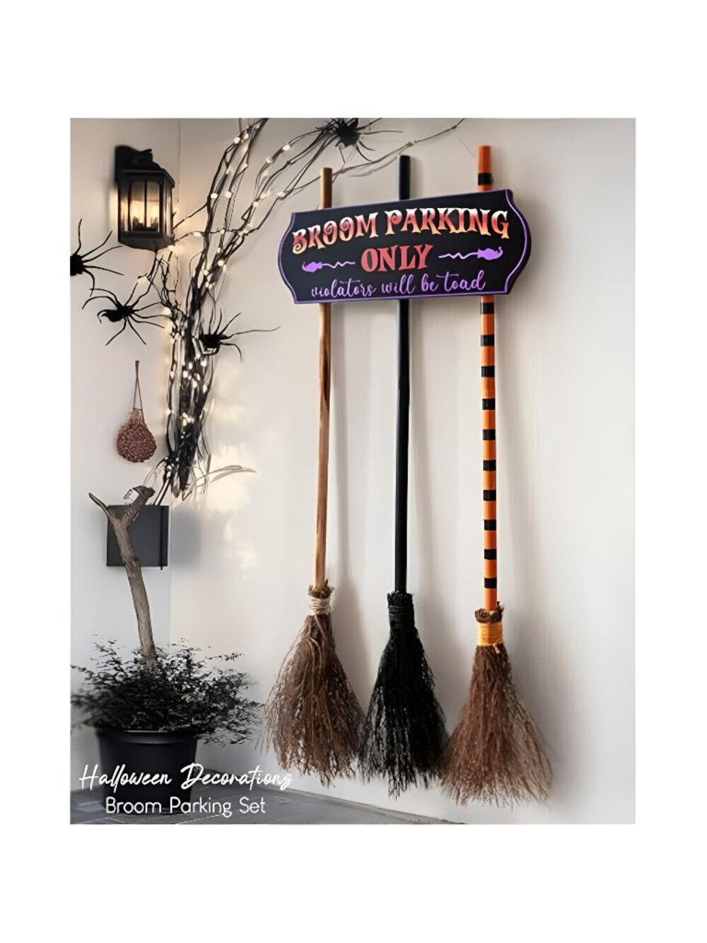 Halloween Decorations - Broom Parking Sign with 3 Wooden Witches Brooms